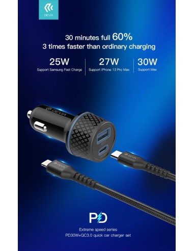 Carica da Auto 2 uscite carica Rapida PD+QC 30 Watt + Cavo